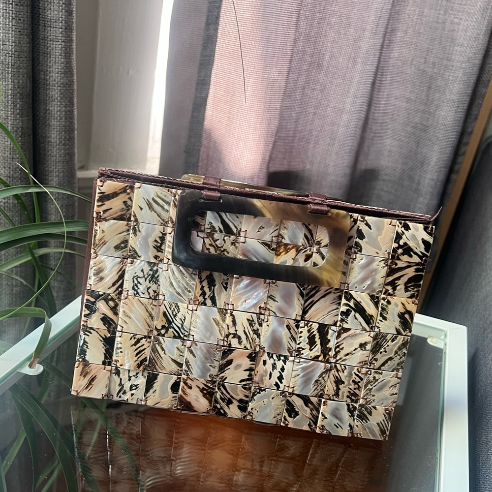 Shell Mosaic Clutch Bag in Brown and Cream